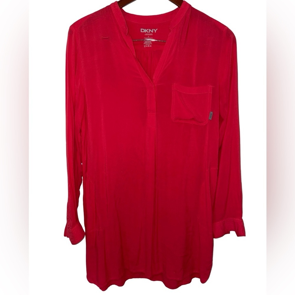 DKNY Coral Tunic Blouse Roll Tab Sleeve Pocket Lightweight  Size S